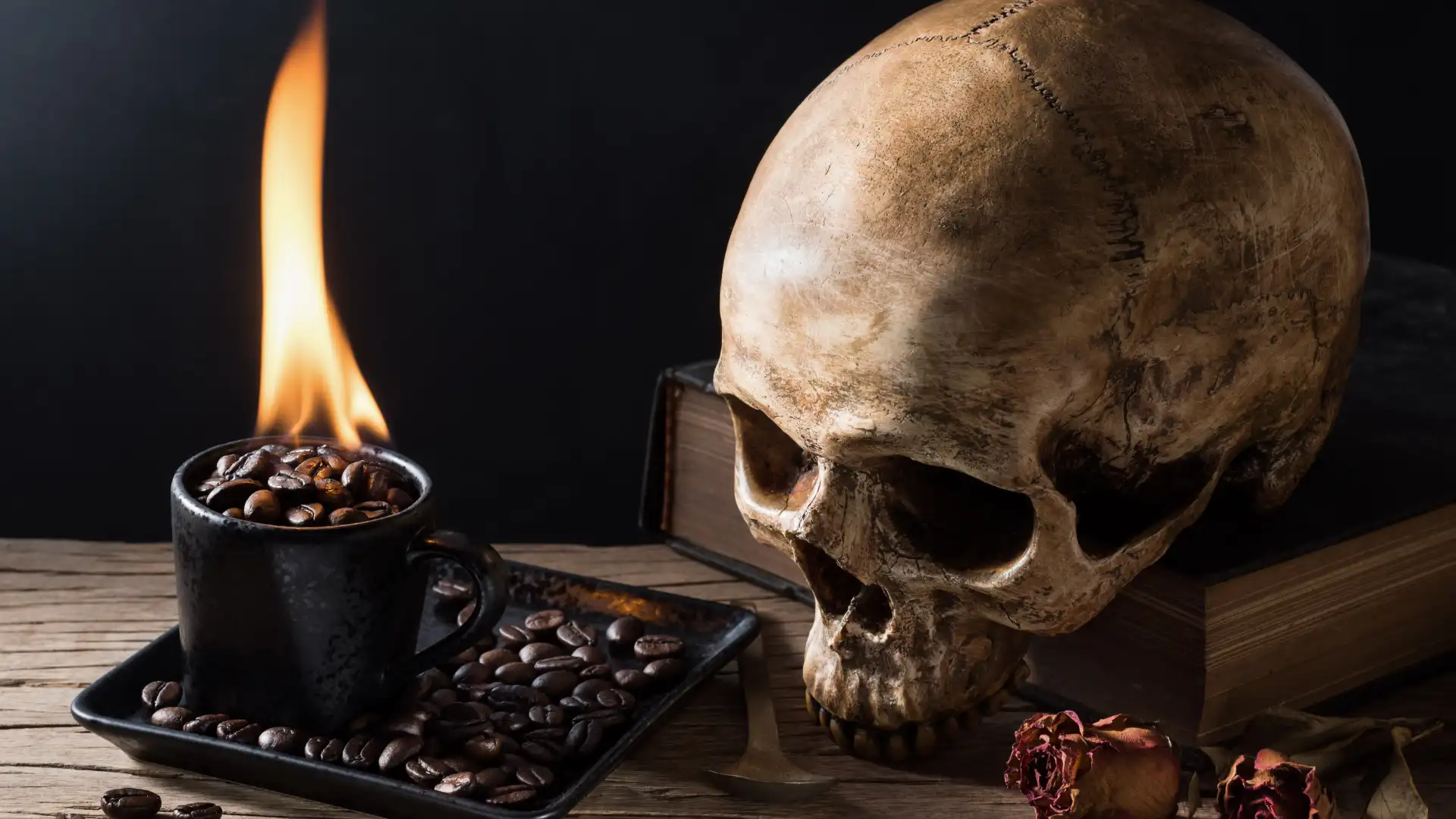 Skull next to a burning coffee cup Shocking image of a human skull next to a coffee cup with burning beans, evoking mystery and symbolism.