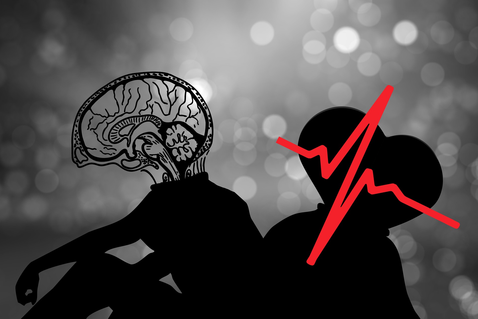 Conflict between reason and the heart Black and white illustration with a brain and a heart with a red electrocardiogram, symbolizing the struggle between reason and emotion.